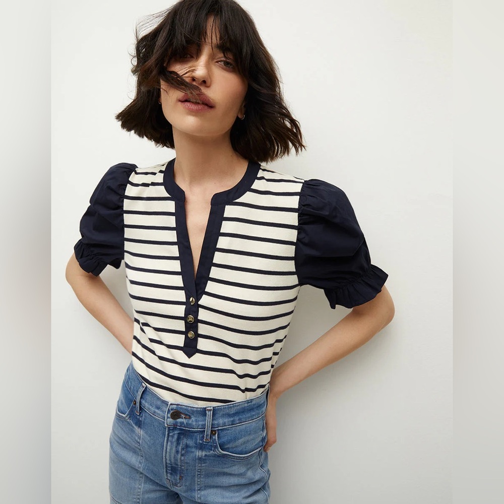 Veronica Beard Raegan Short Puff Sleeve Striped Top NWT - Picture 1 of 7